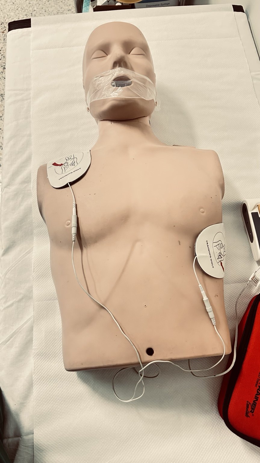 AED training pads placed on adult manikin